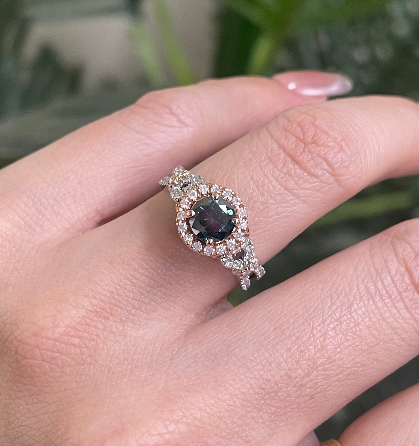 1.08ct Natural Teal Blue Diamond & 0.78ct White Diamond Ring In 14ct White & Rose Gold