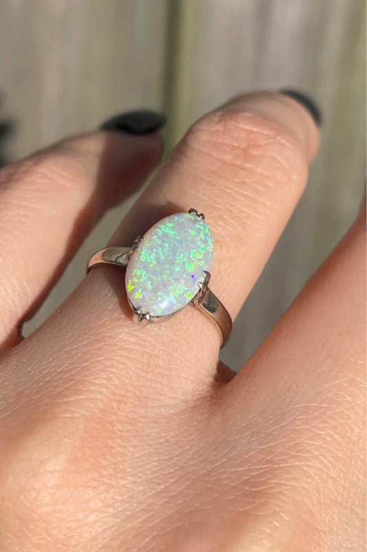 Mid Century 1950s Solid Australian Opal Ring In 14ct White Gold