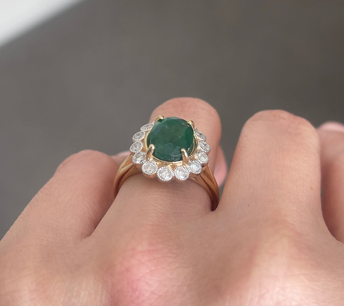Natural Emerald Diamond Halo Ring In 14ct Yellow Gold