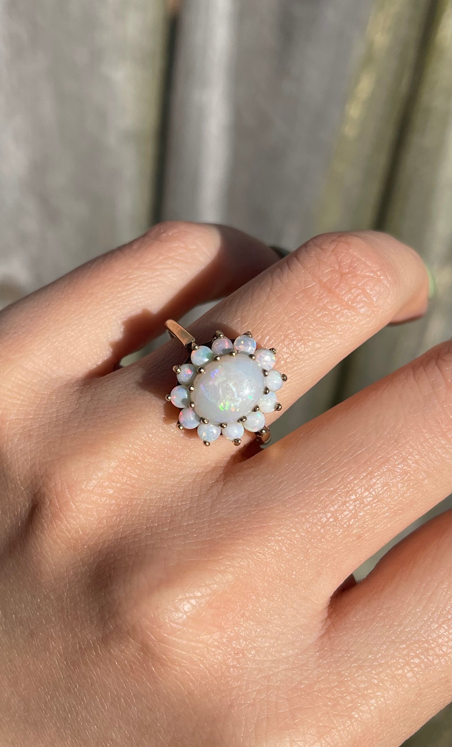 Vintage 1971 UK OriginNatural Solid Opal Cluster Ring In 9ct Yellow Gold