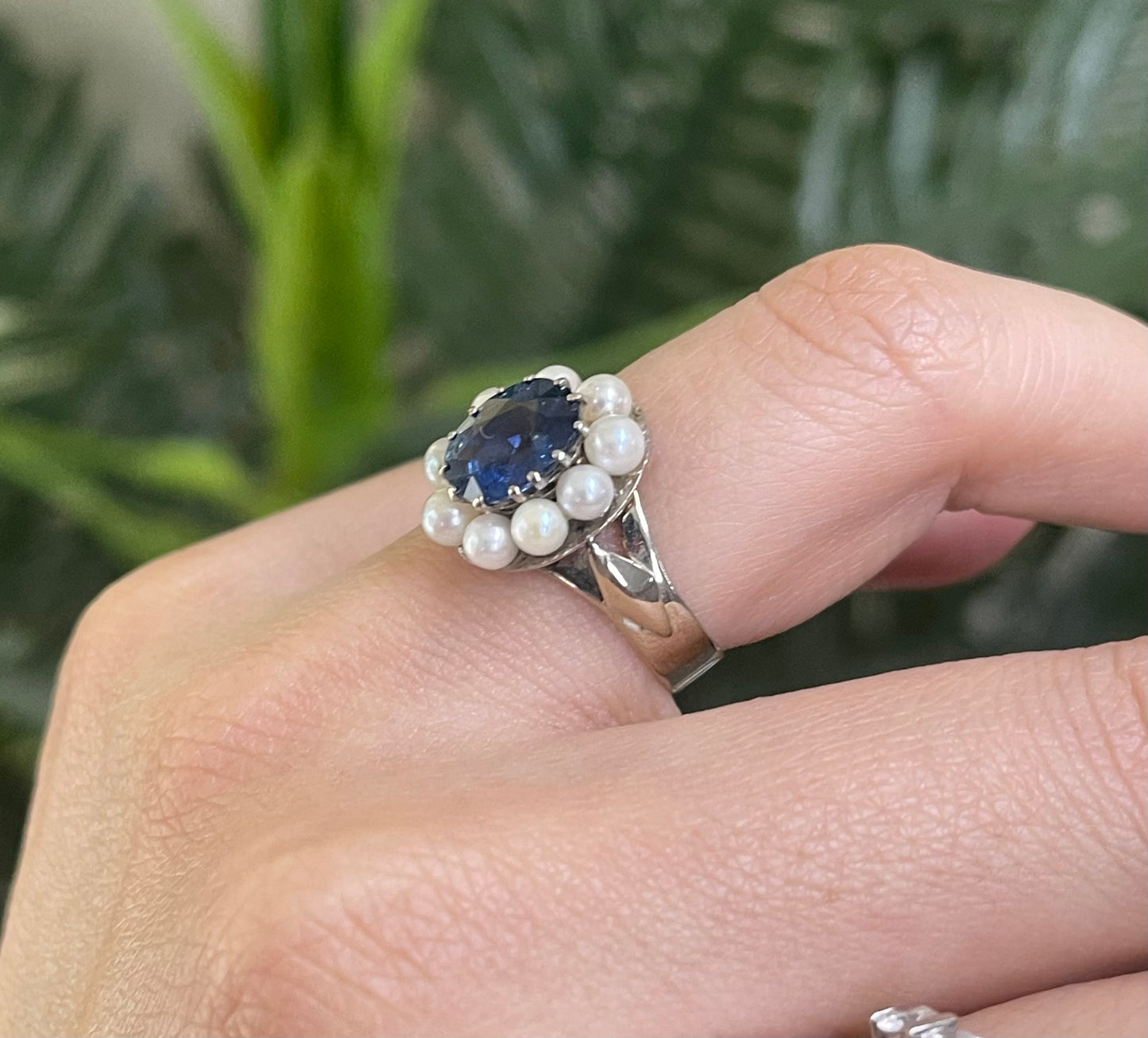 Vintage 2.21ct Natural Ceylon Sapphire & Natural Pearl Halo Ring In 18ct White Gold
