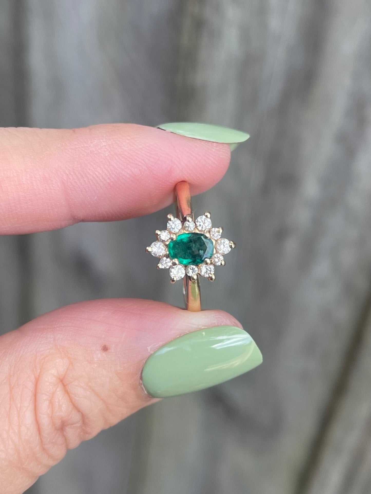 Vintage Natural Emerald Diamond Halo Ring in 14ct Yellow Gold