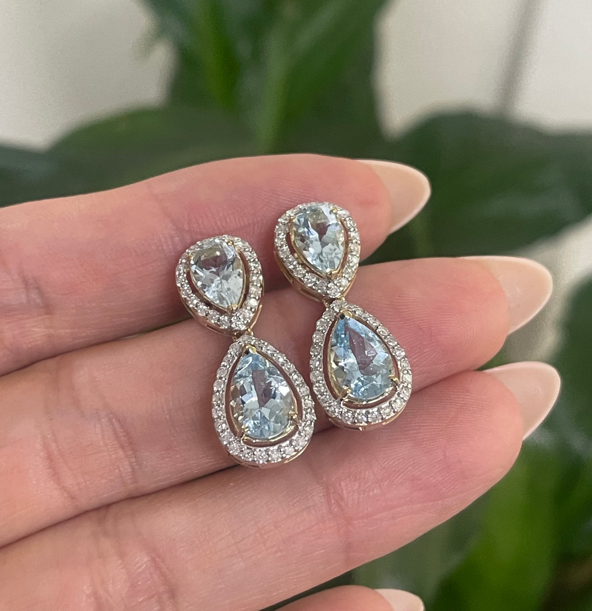 3.74ct Natural Aquamarine Diamond Halo Drop Earrings In 14ct Yellow Gold