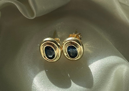 Vintage 14ct yellow gold 1ct natural sapphire bezel set stud earrings