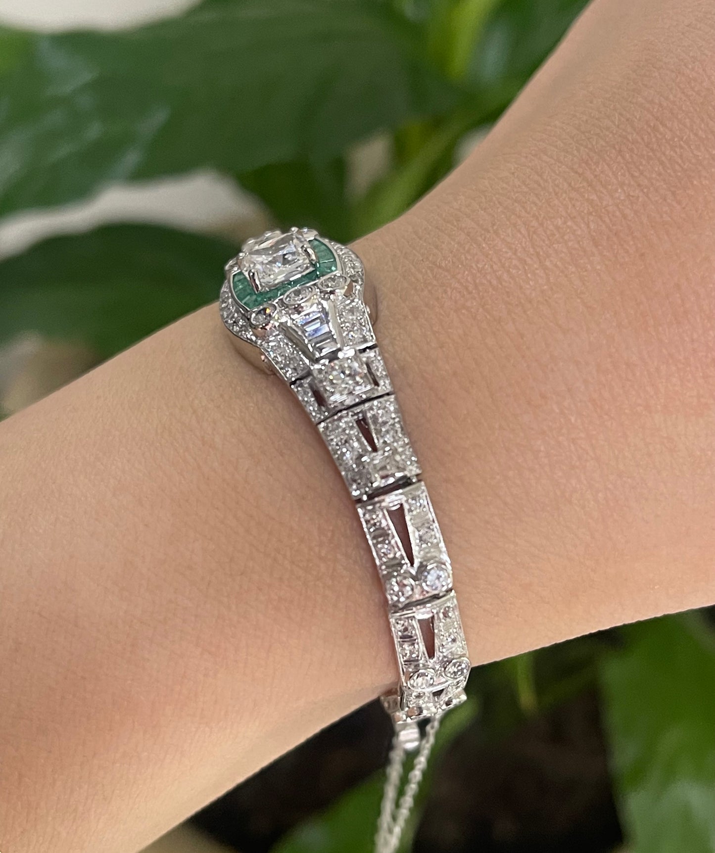 One Of A Kind Antique Conversion 4.5ct Natural Mix Cut Diamond & Emerald Bracelet In 950 Platinum