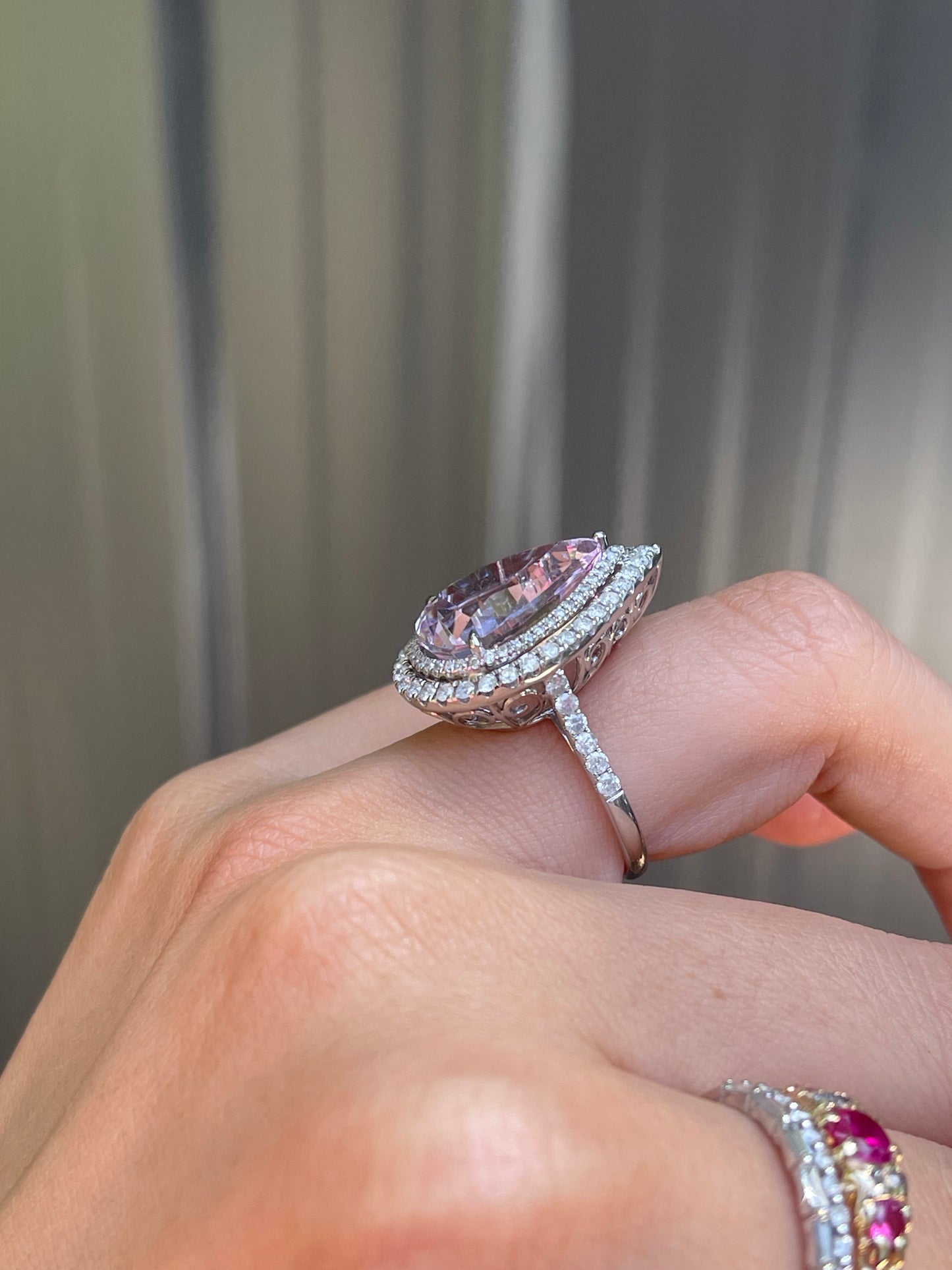 14ct white gold natural pear shaped Kunzite diamond halo ring