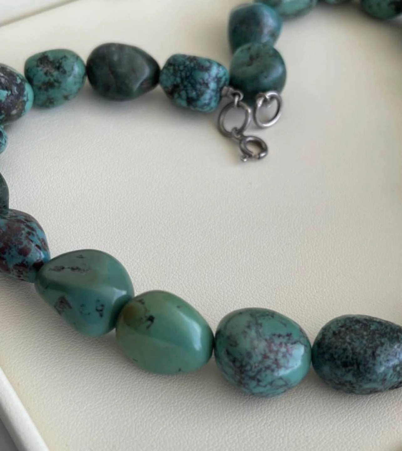Vintage Large Turquoise Bead Necklace In 925 Sterling Silver Clasp