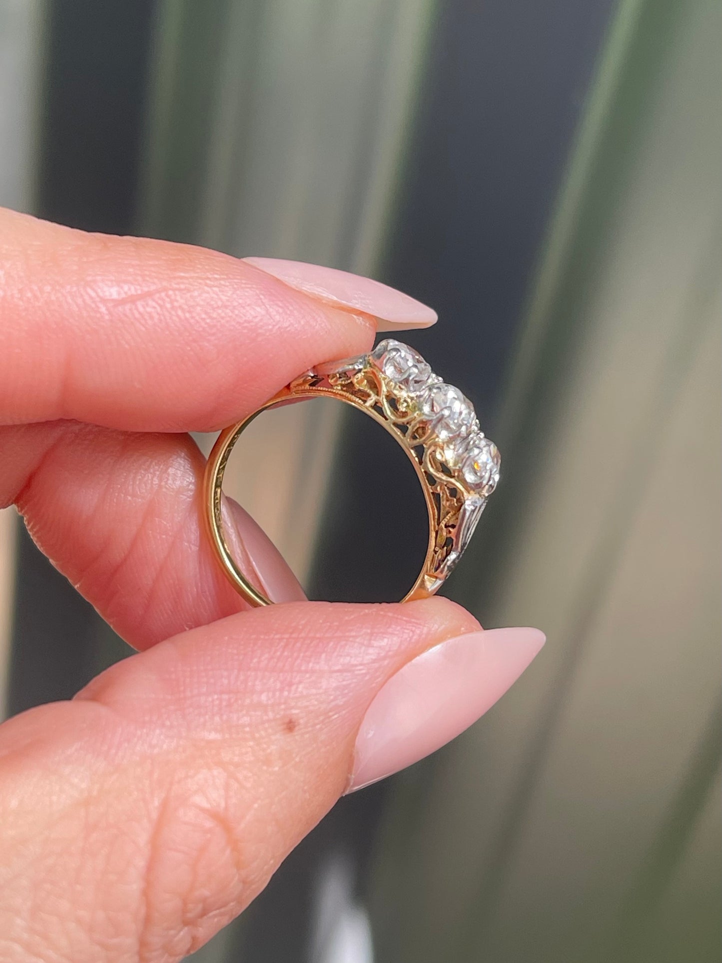 Antique 1ct Old Cut Diamond Trilogy Ring In 18ct Yellow Gold & Platinum Mount