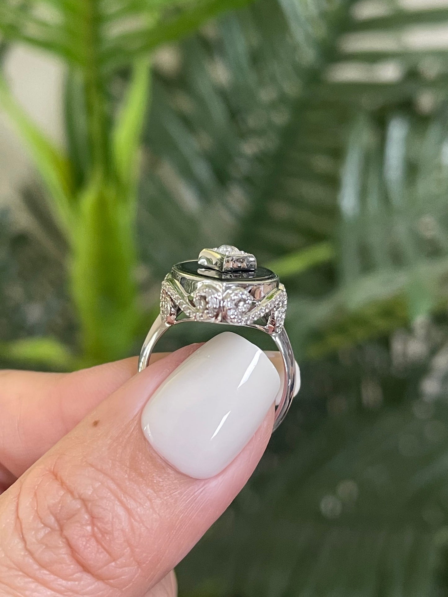 Art Deco Onyx & Diamond Cocktail Ring In 14ct White Gold