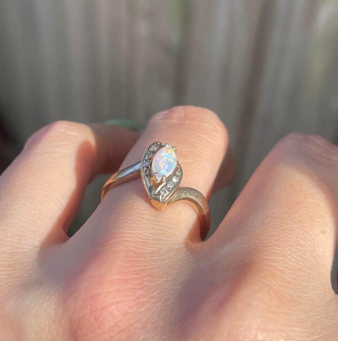Vintage Solid Australian opal Diamond Ring In 9ct Yellow Gold