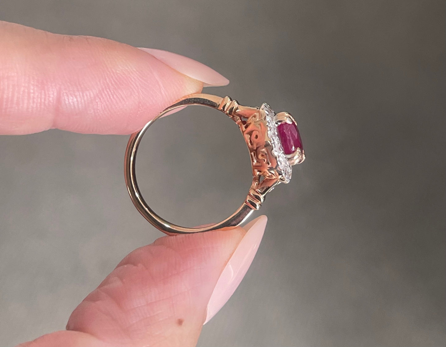 Vintage Style Natural Ruby Diamond Halo Ring in 14ct Rose Gold
