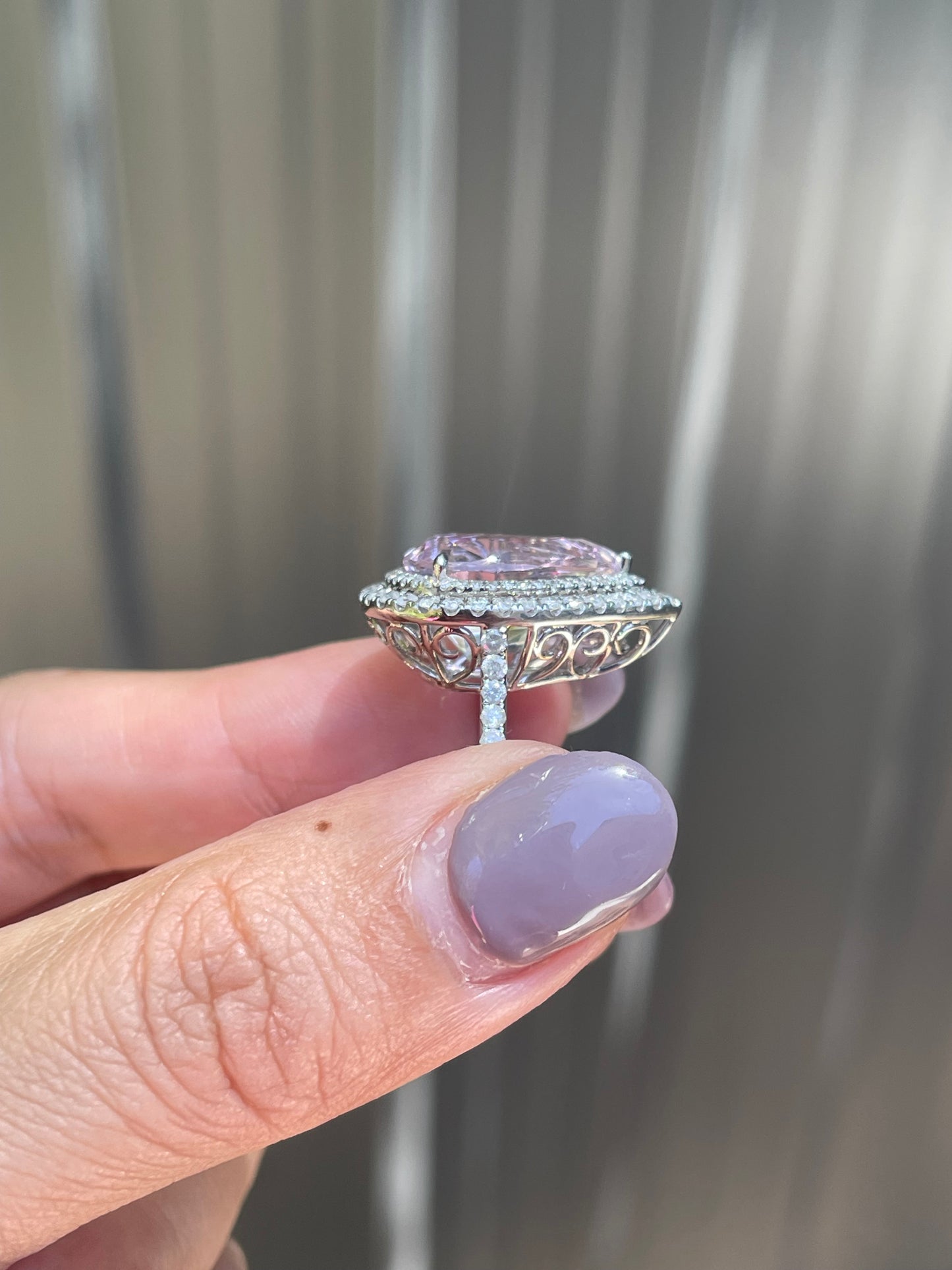 14ct white gold natural pear shaped Kunzite diamond halo ring