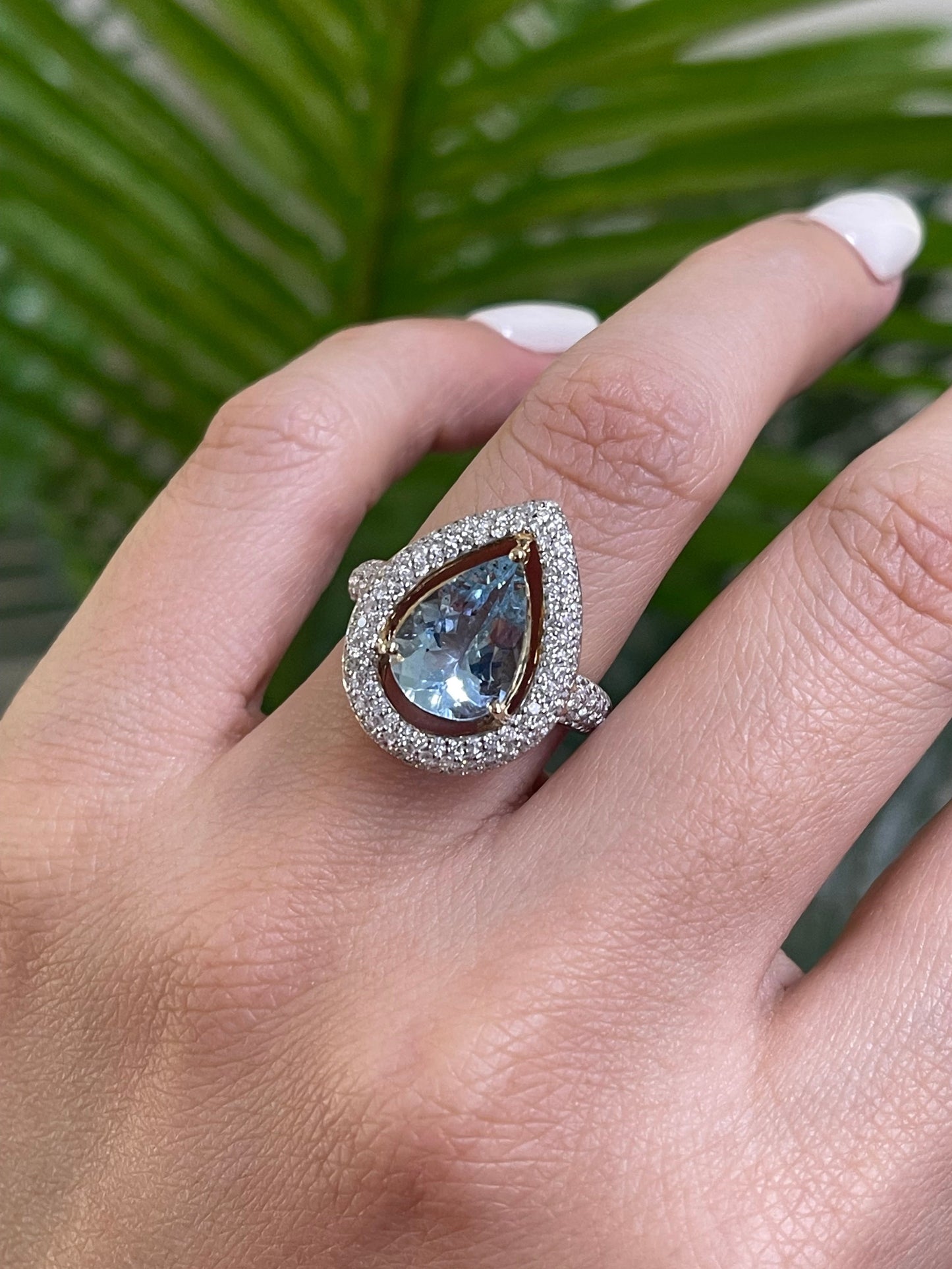 Natural Aquamarine & Diamond Halo Ring In 14ct Yellow Gold