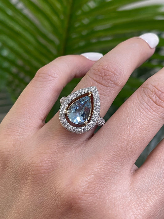 Natural Aquamarine & Diamond Halo Ring In 14ct Yellow Gold