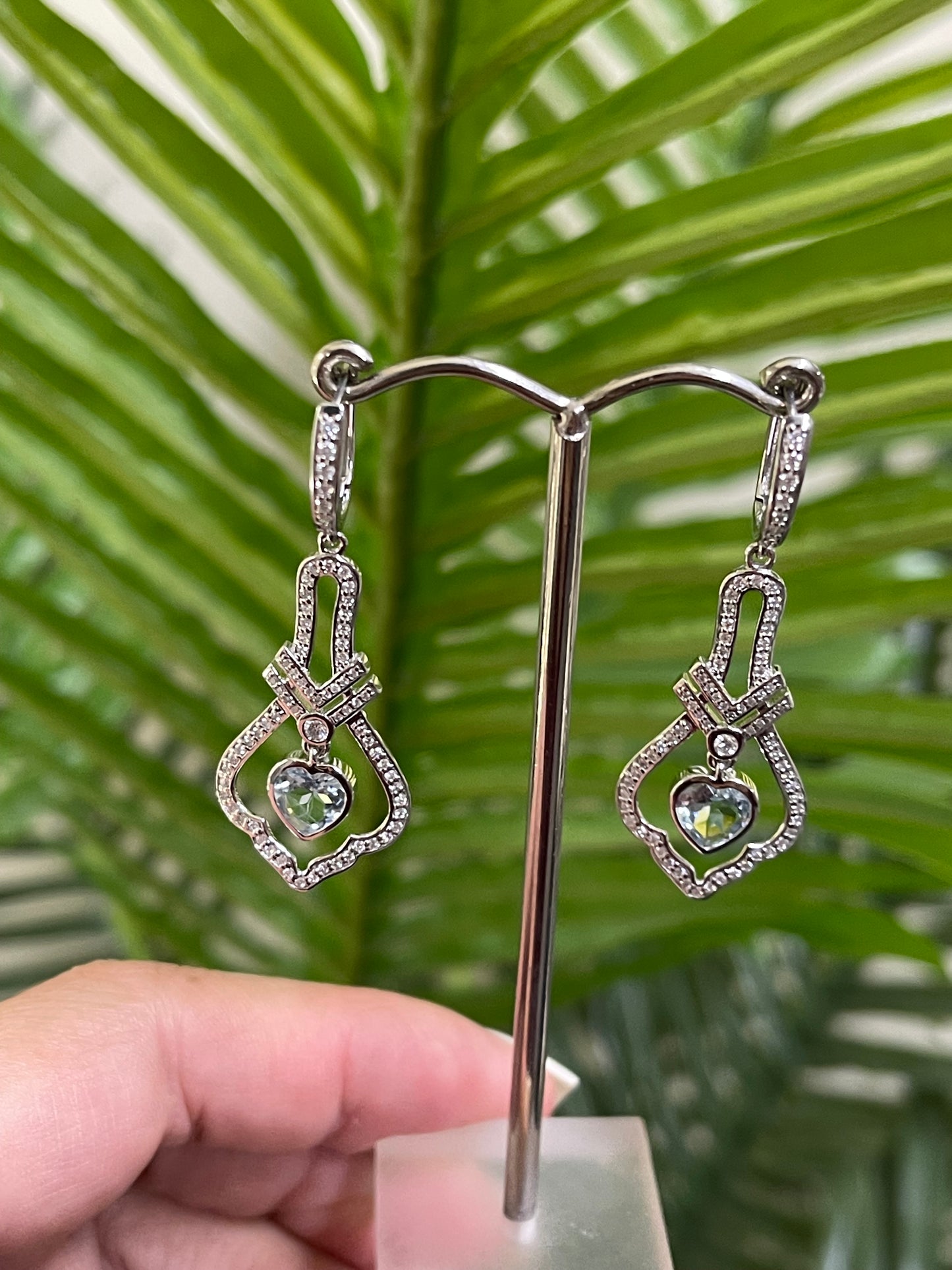 Art Deco Style Natural Aquamarine & Diamond Earrings In 14ct White Gold