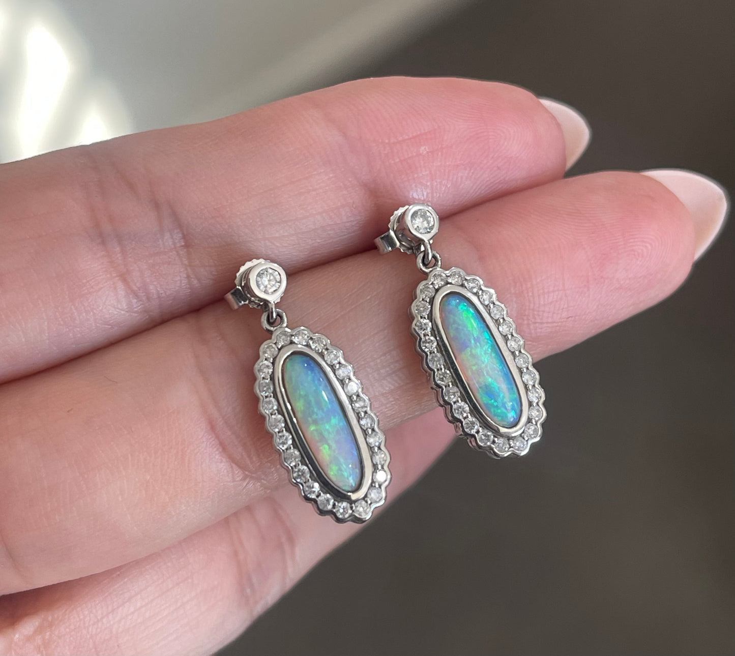 Natural Solid Coober Pedy Opal Diamond Earrings In 14ct White Gold