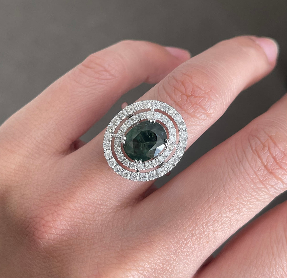 Natural Green Sapphire Diamond Halo Ring In 14ct White Gold
