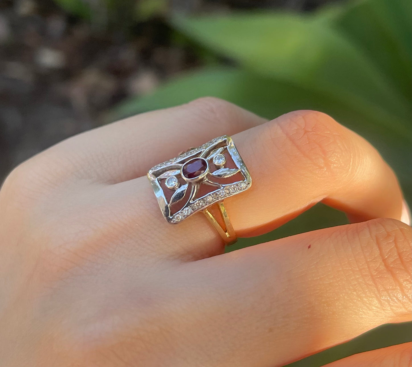 Vintage art deco style 18ct yellow white gold garnet diamond ring