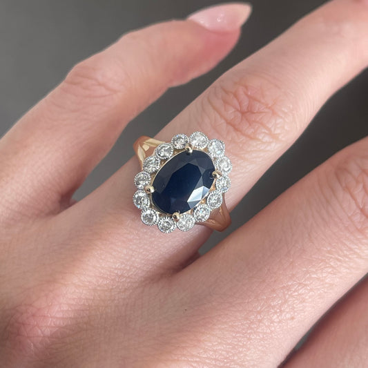 3.41ct Natural Royal Blue Sapphire Diamond Halo Ring In 14ct Yellow & White Gold