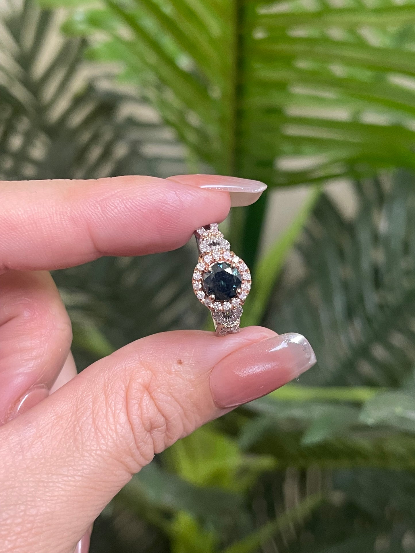 1.08ct Natural Teal Blue Diamond & 0.78ct White Diamond Ring In 14ct White & Rose Gold