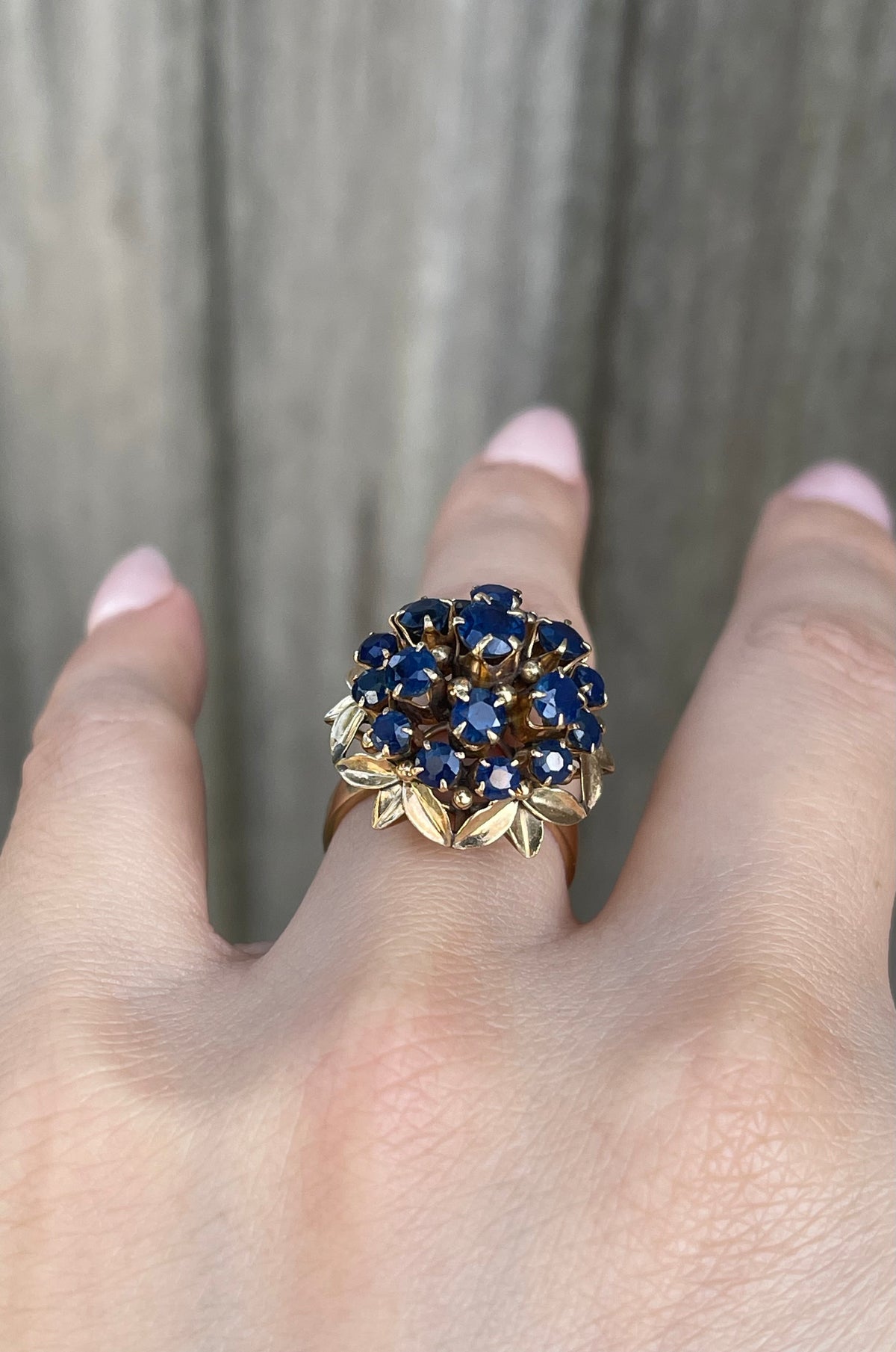 Vintage Triple Halo Natural Blue Sapphire Cluster Ring in 10ct Yellow Gold