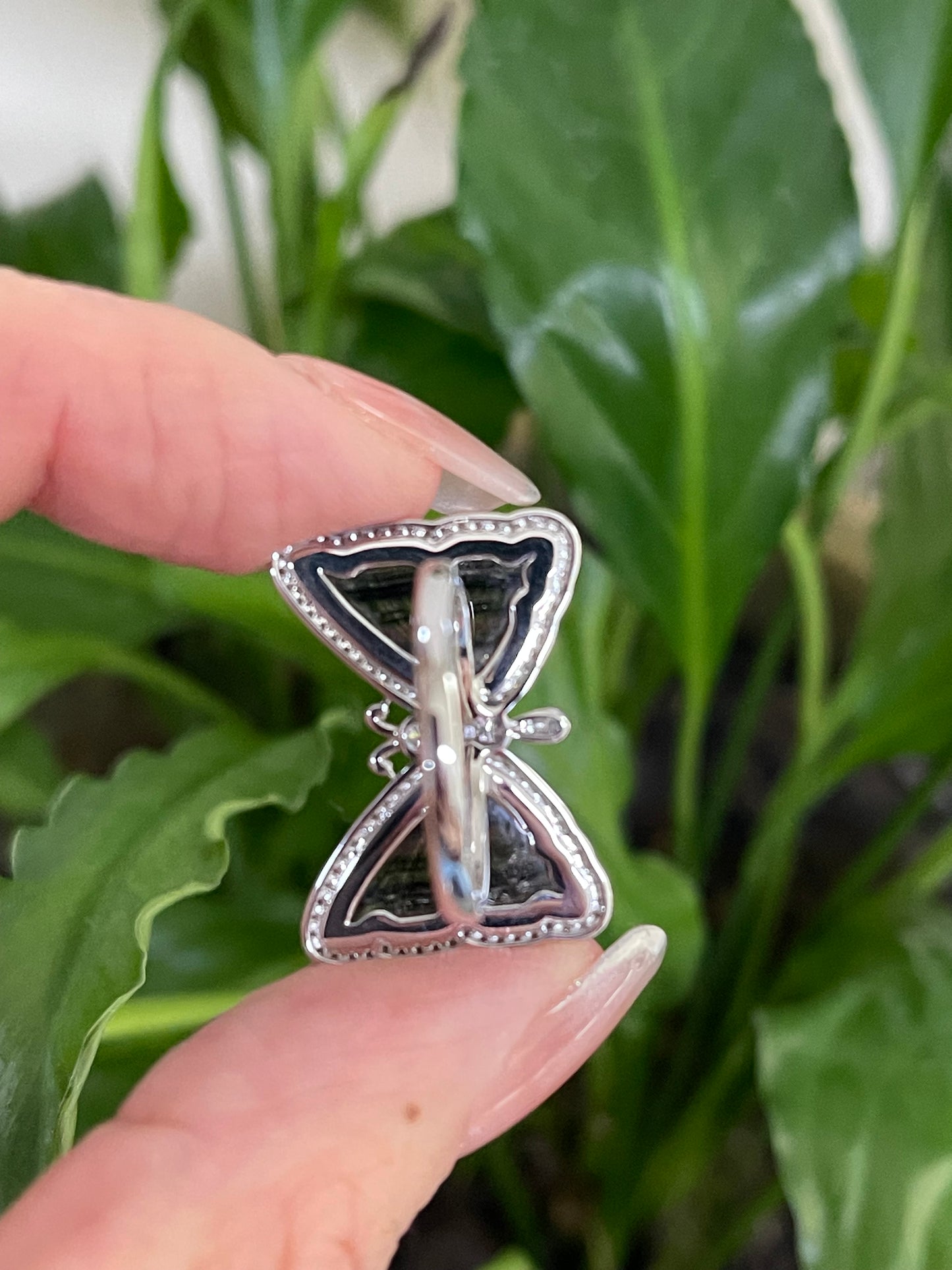 Papillon d’Art – Hand-Carved Natural Tourmaline & Diamond Butterfly Ring in 14ct White Gold
