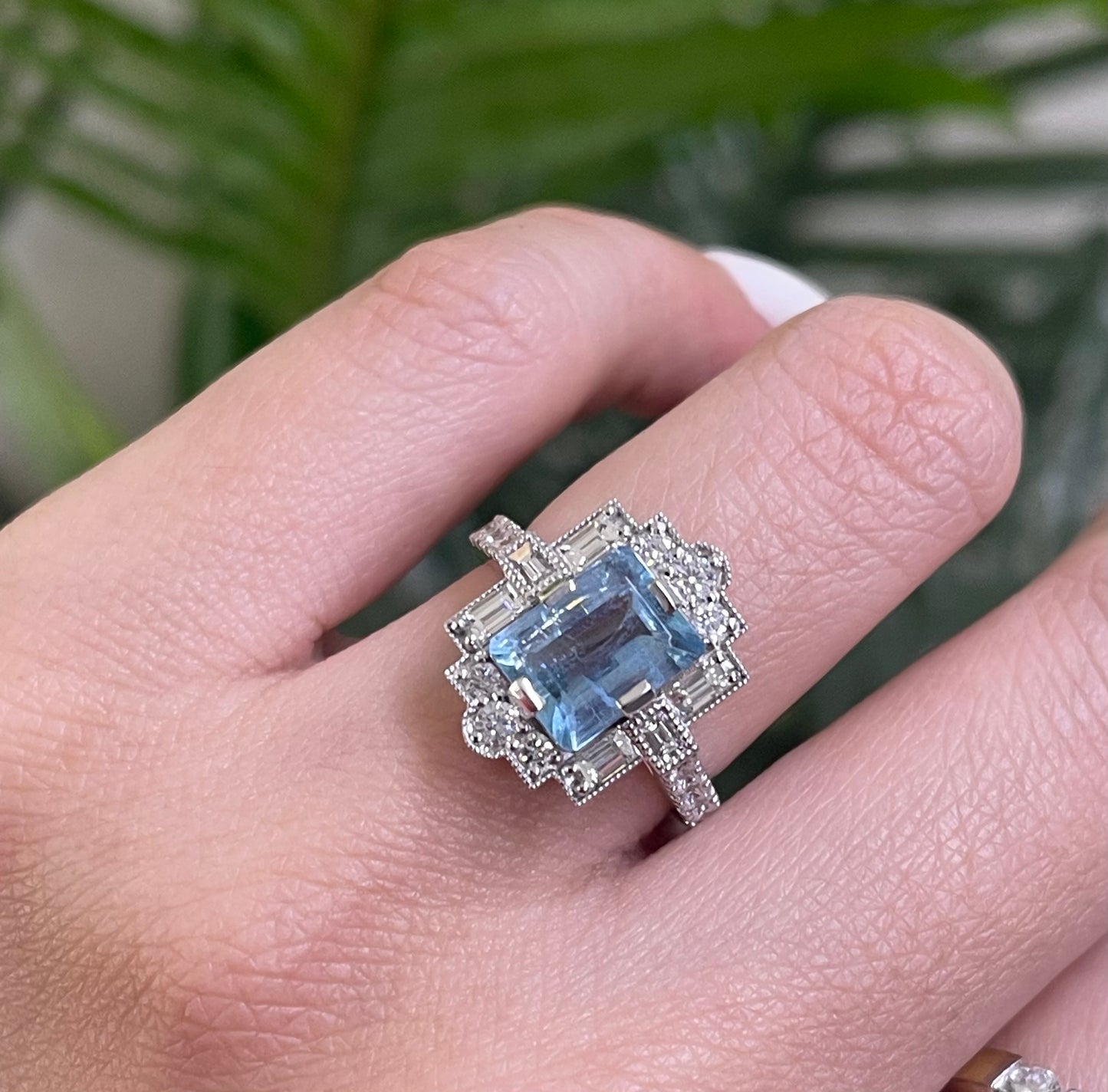 Art Deco Style 1.96ct Natural Aquamarine & Diamond Ring In 14ct White Gold