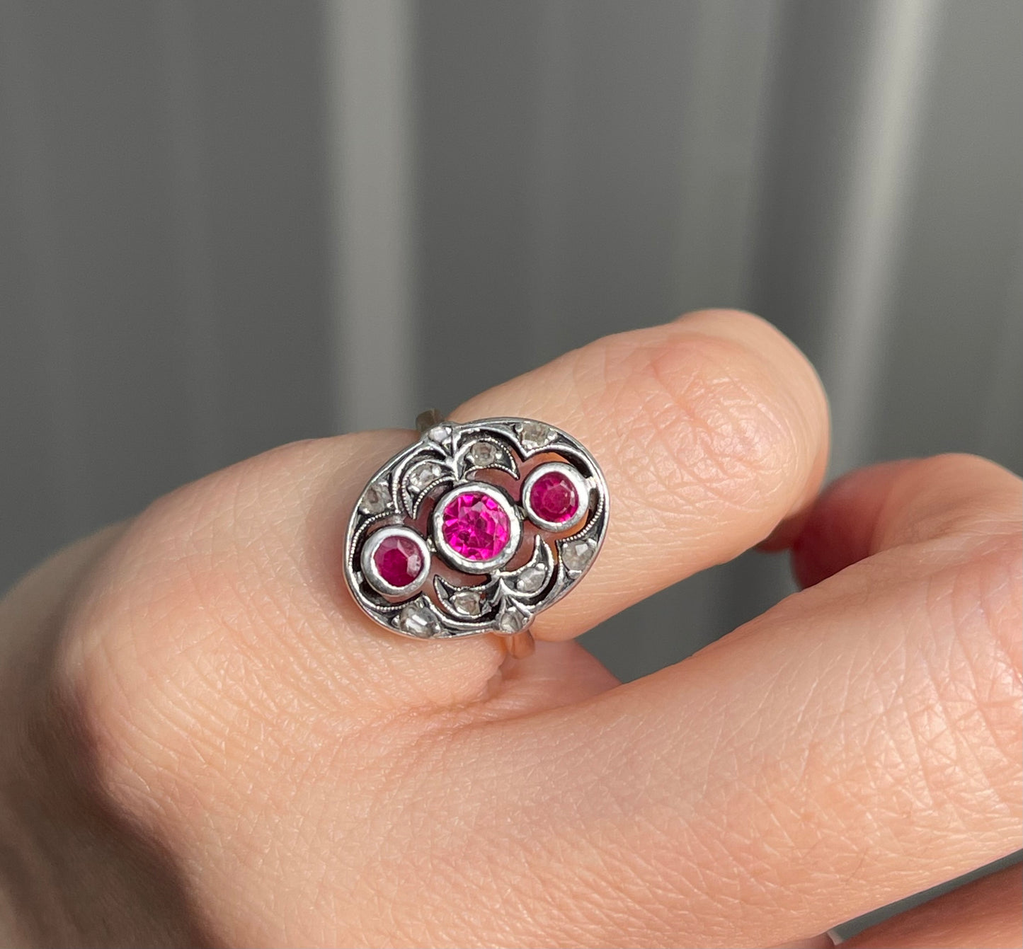 European Antique Art Deco Ruby & Rose Cut Diamond Ring In 13ct Rose Gold & White Gold