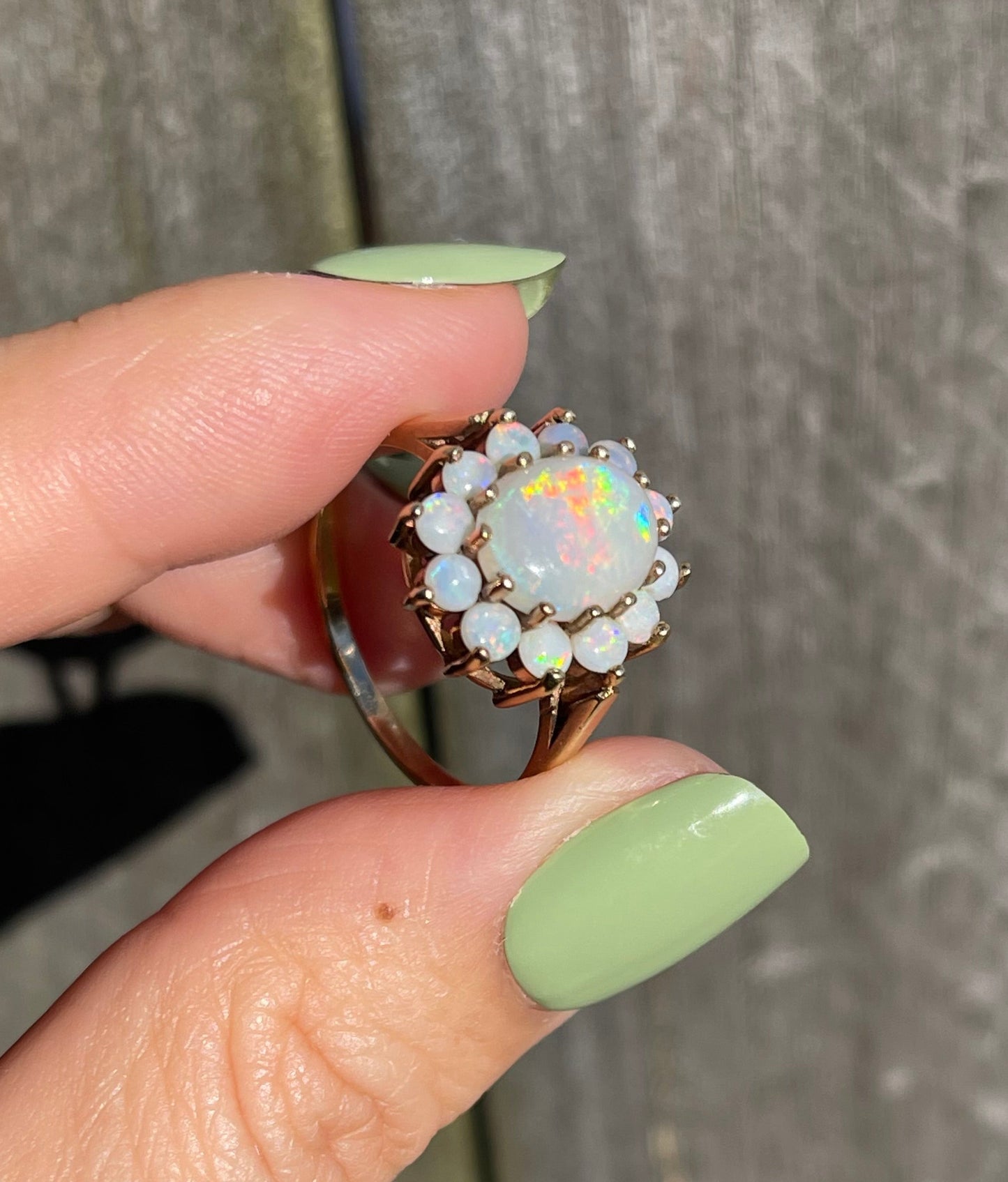 Vintage 1971 UK OriginNatural Solid Opal Cluster Ring In 9ct Yellow Gold