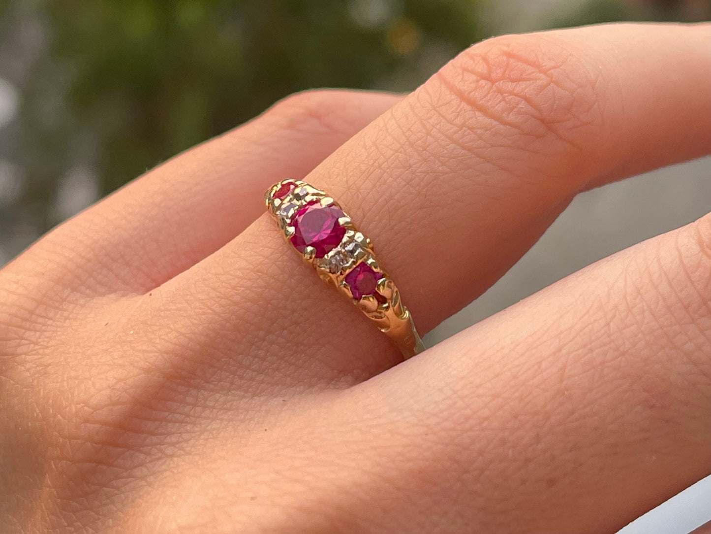 Vintage 18ct yellow gold natural pink ruby & rose cut diamond ring