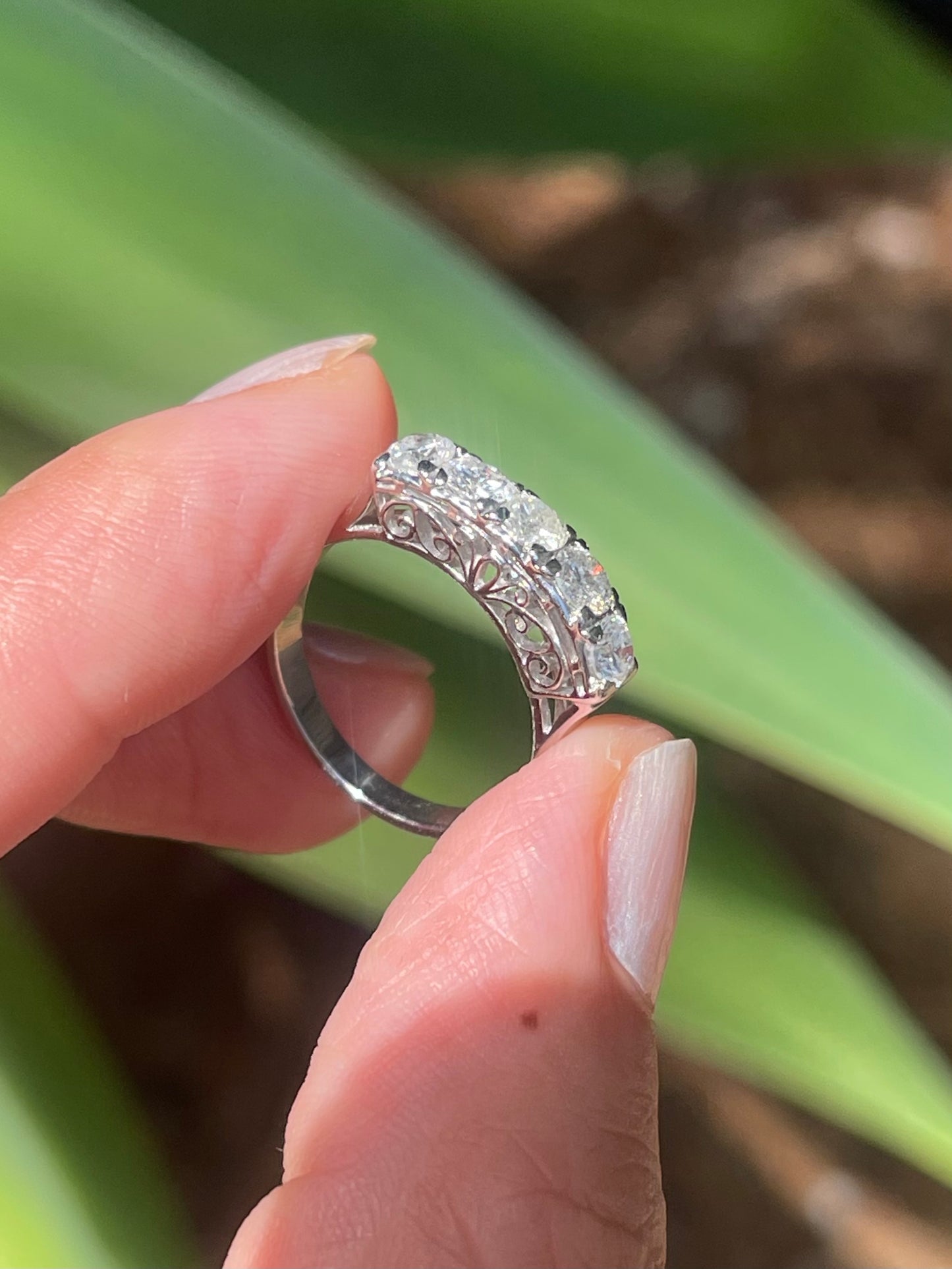 Platinum 1ct natural diamond 5 stone ring in vintage bridge filigree style