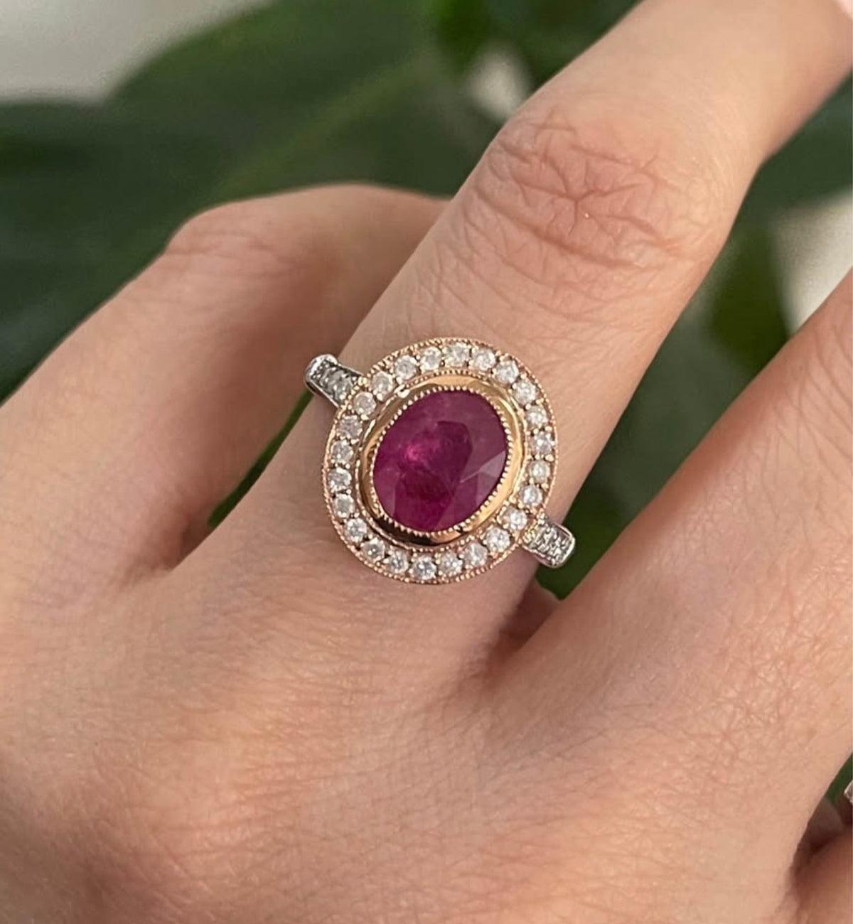 2.2ct Natural Ruby Diamond Halo Ring In 14ct White & Rose Gold
