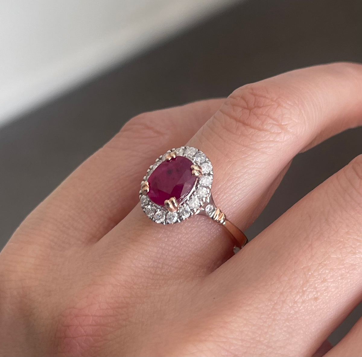 Vintage Style Natural Ruby Diamond Halo Ring in 14ct Rose Gold