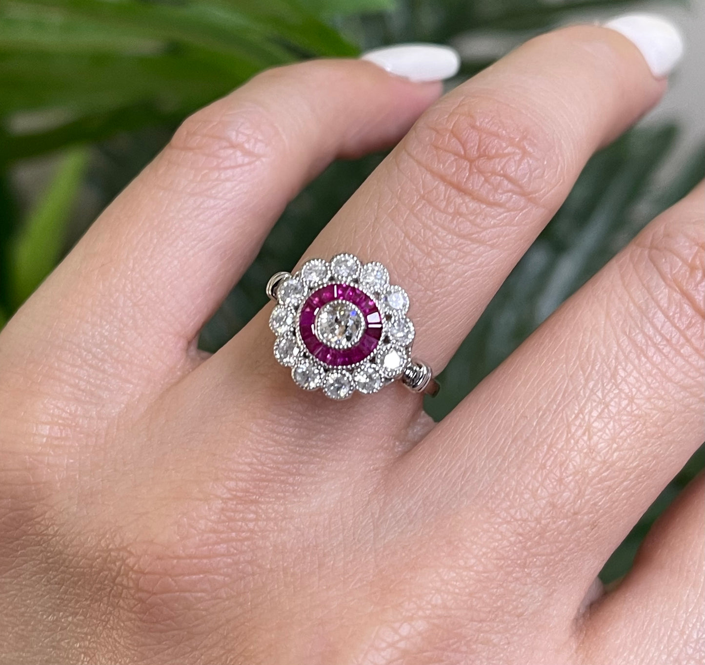 Art Deco Inspired Old Cut Damond & Ruby Ring In 14ct White Gold