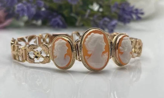 Antique / vintage 9ct gold filigree floral cameo bracelet