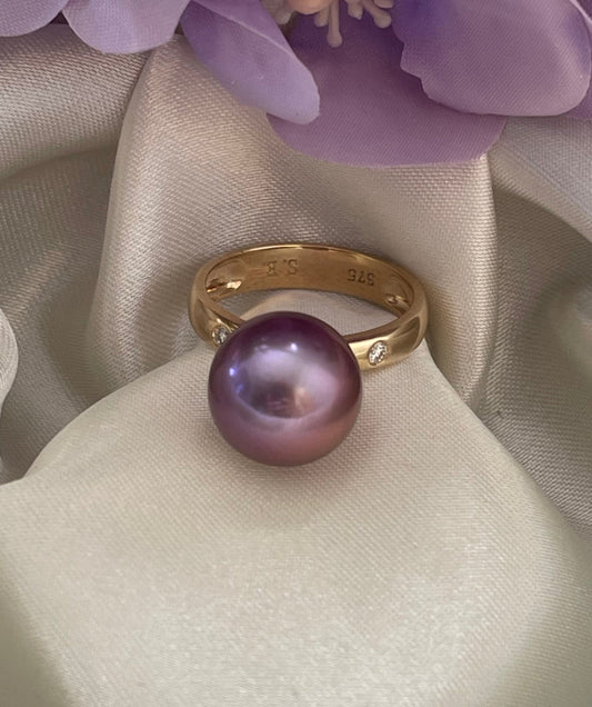 Lavender Edison Pearl & Diamond Ring in 9ct Yellow Gold
