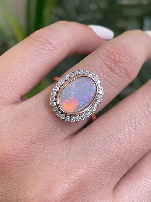Natural Solid Australian Andamooka Opal & Diamond Ring In 14ct Rose & White Gold