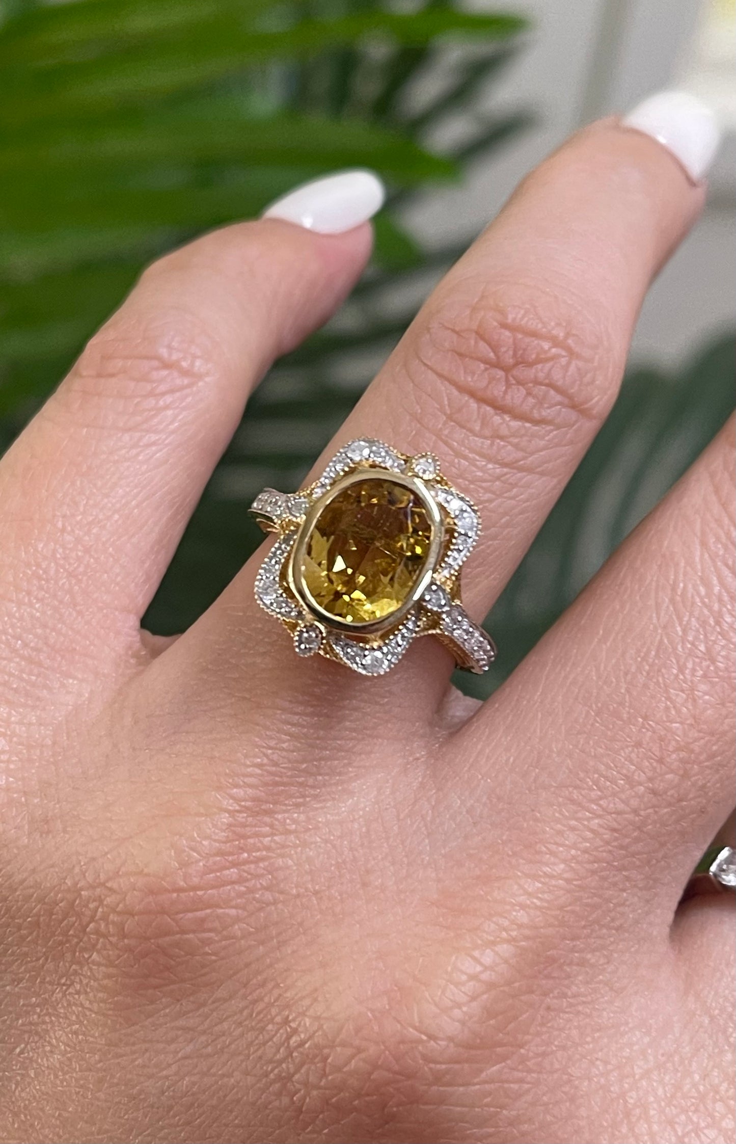 Art Deco Style Natural Heliodor Diamond Ring In 14ct Yellow Gold