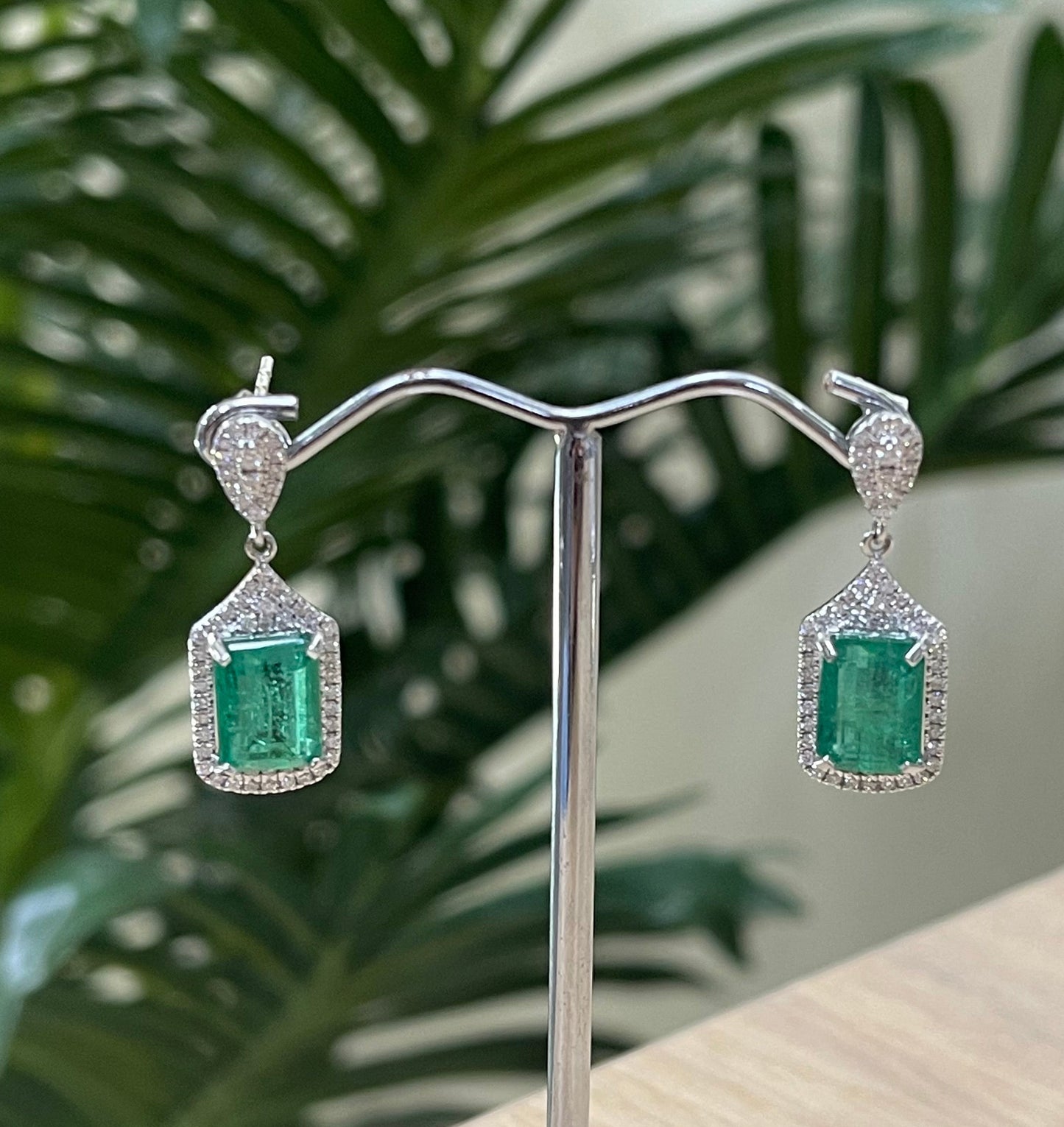 4.88ct Natural Emerald & Diamond Earrings In 14ct White Gold