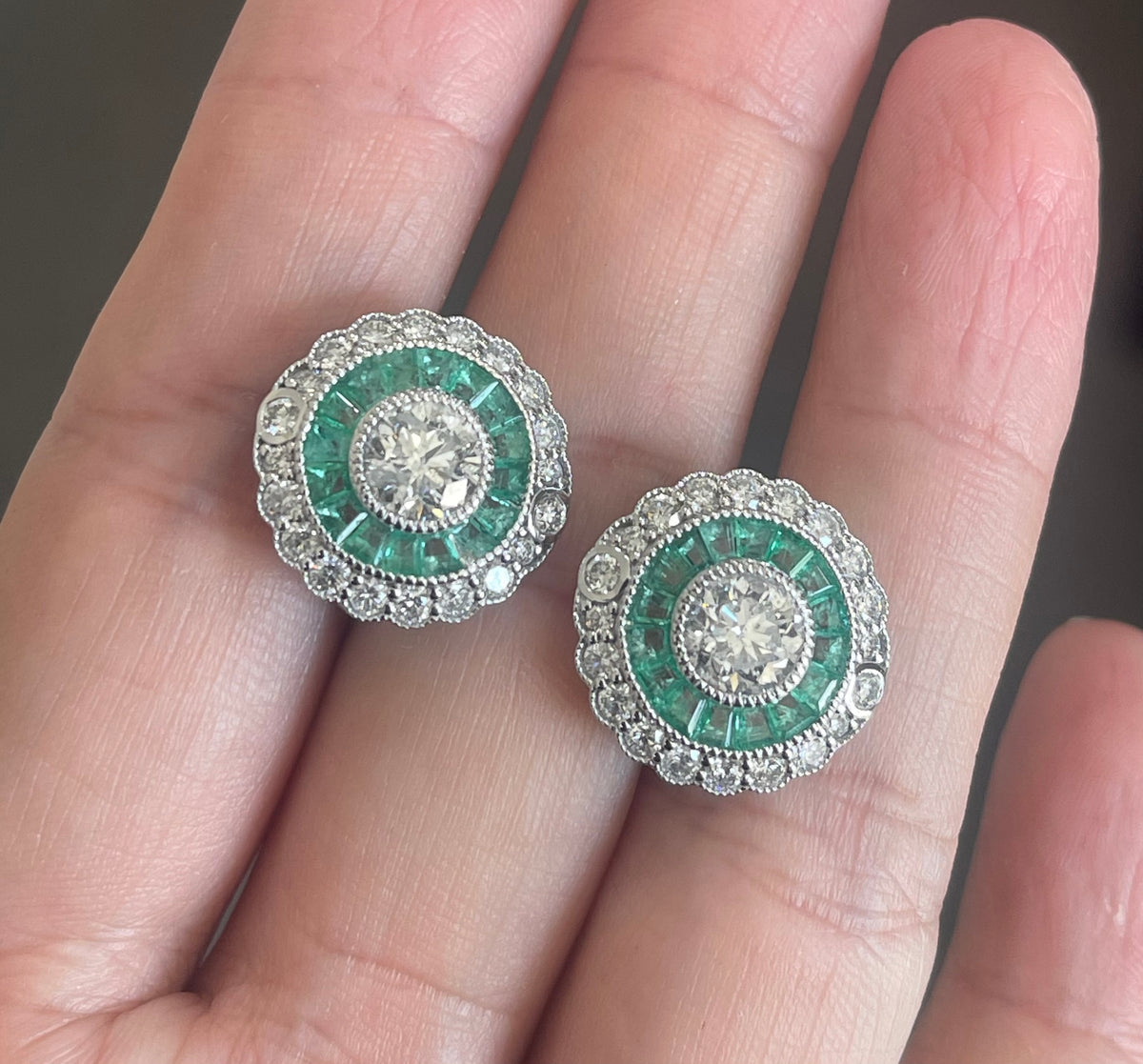 Art Deco Style Natural Diamond Emerald Earrings In 14ct White Gold