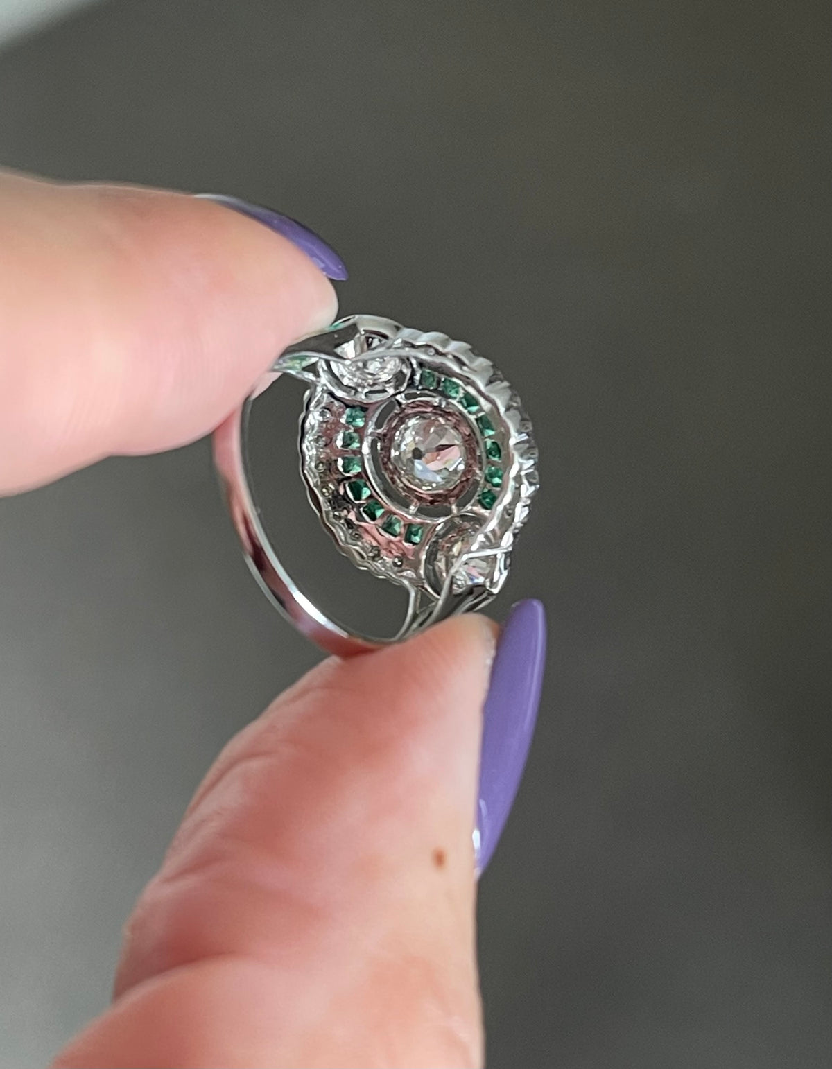 Art Deco Style Old Cut Diamond Tilogy Emerald Ring In 14ct White Gold