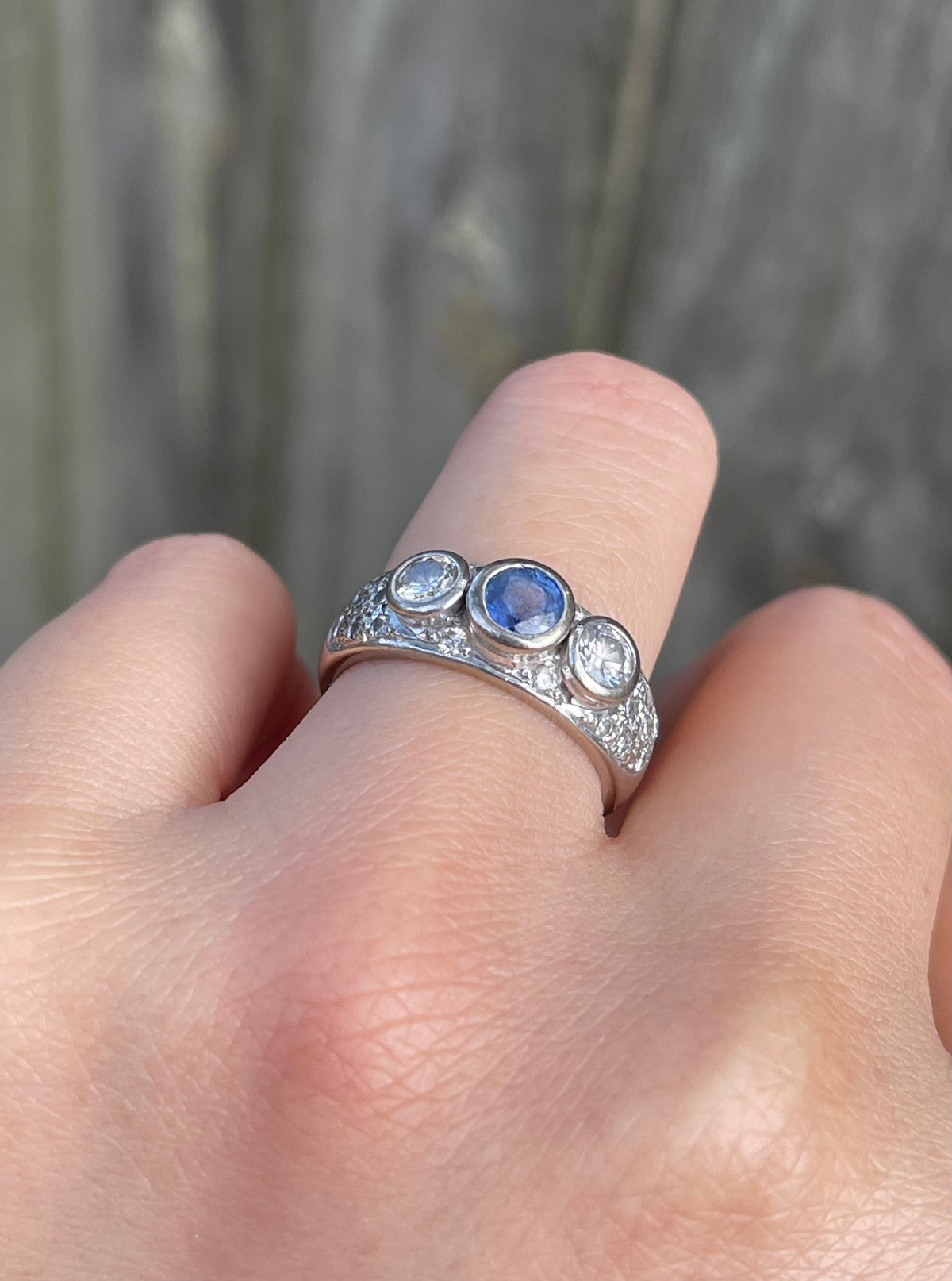 Vintage Natural Ceylon Sapphire Diamond Trilogy Ring In 18ct White Gold