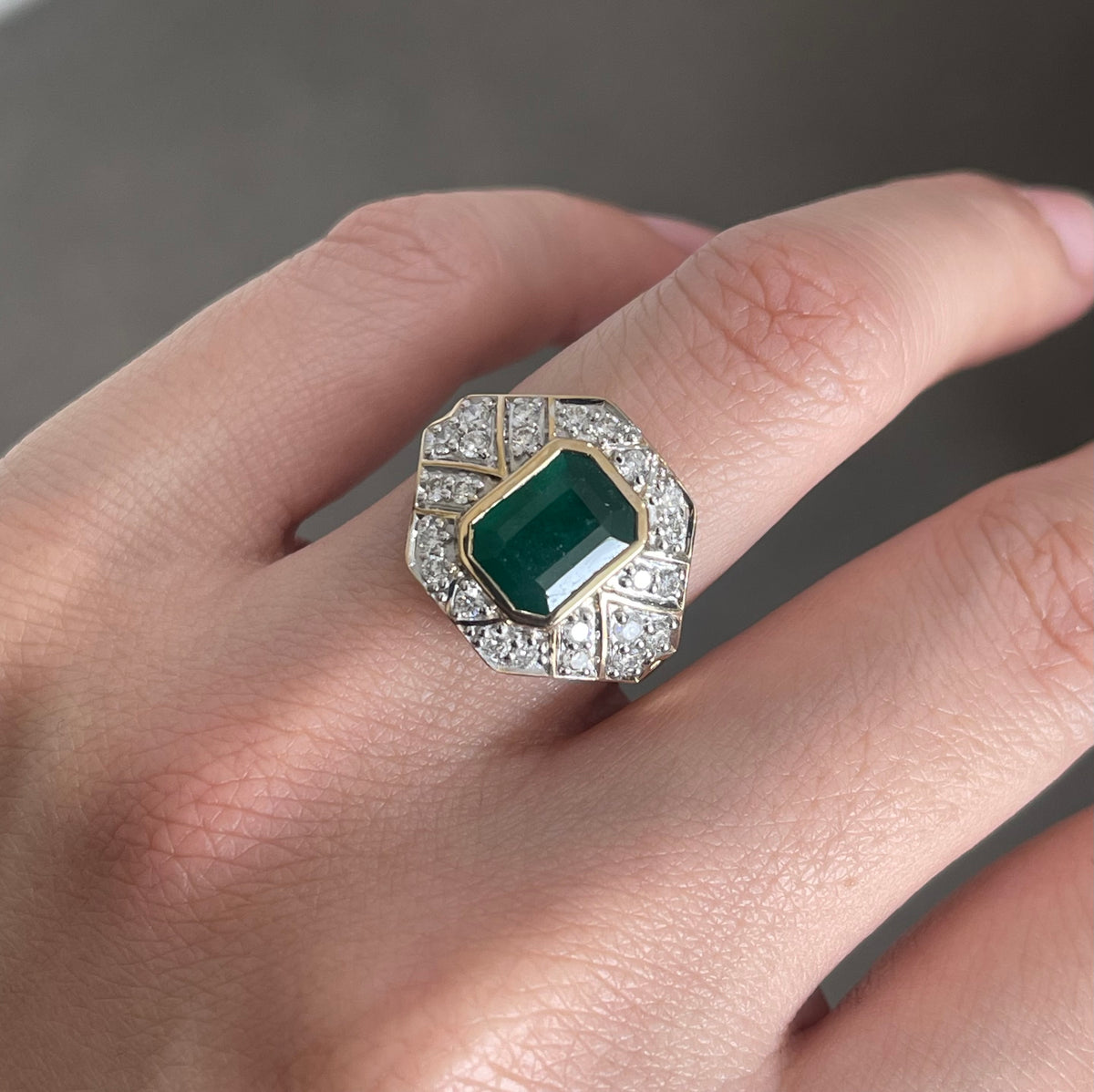 Art Deco Style Natural Emerald Diamond Ring In 14ct Yellow Gold