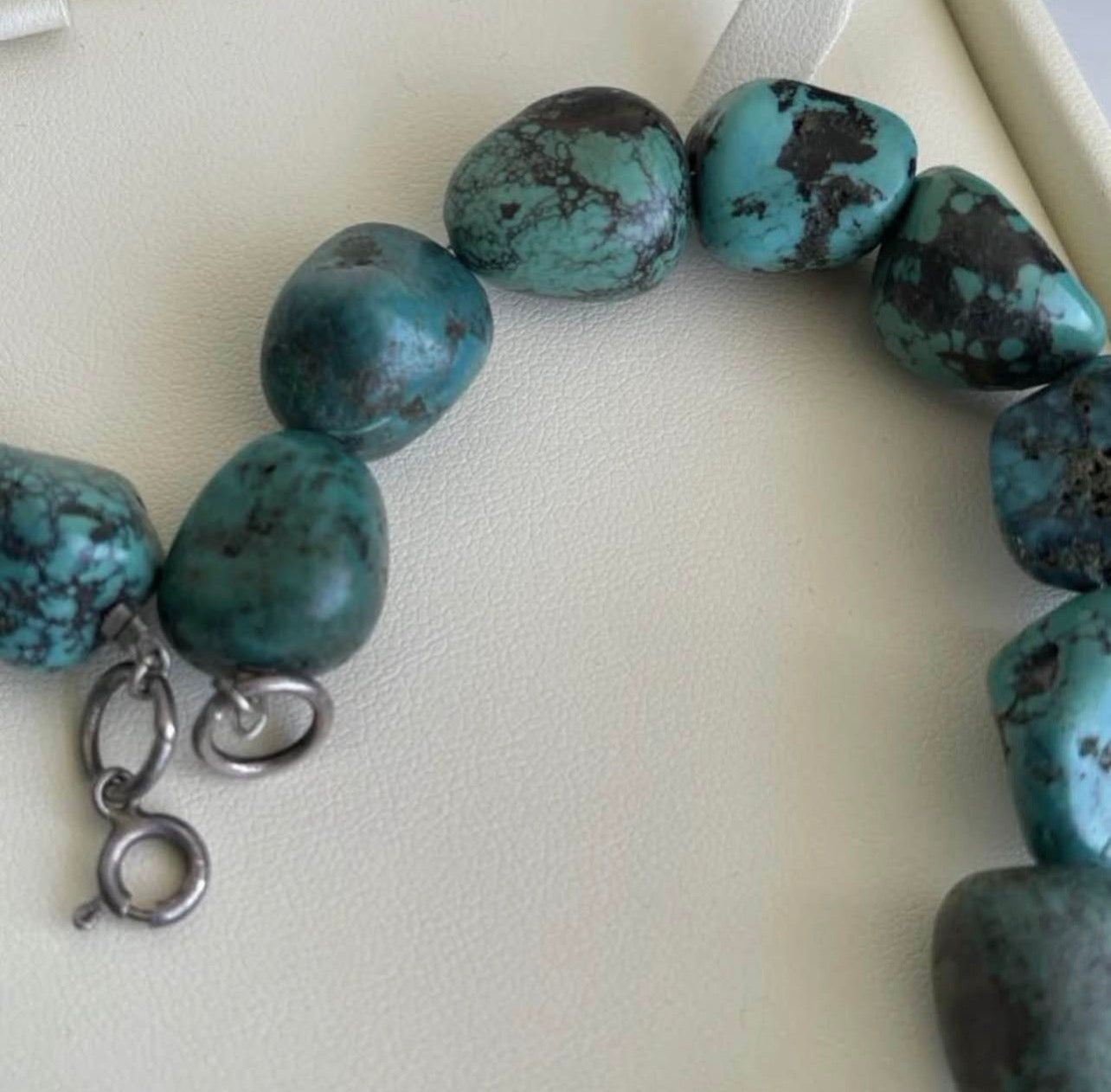 Vintage Large Turquoise Bead Necklace In 925 Sterling Silver Clasp