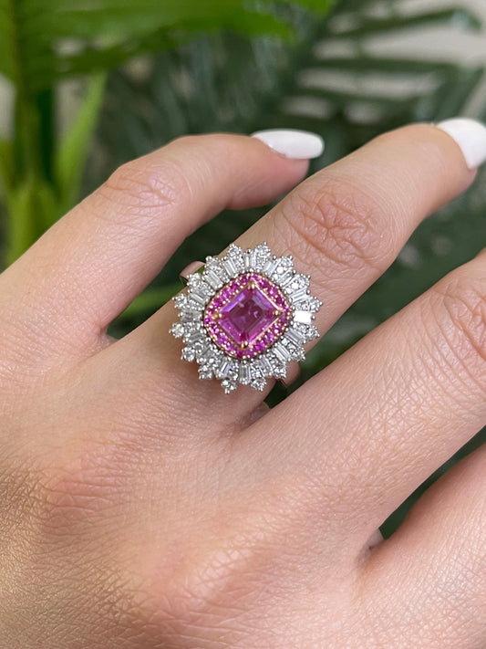 Natural Pink Sapphire & Diamond Ring In 14ct White Gold & Rose Gold