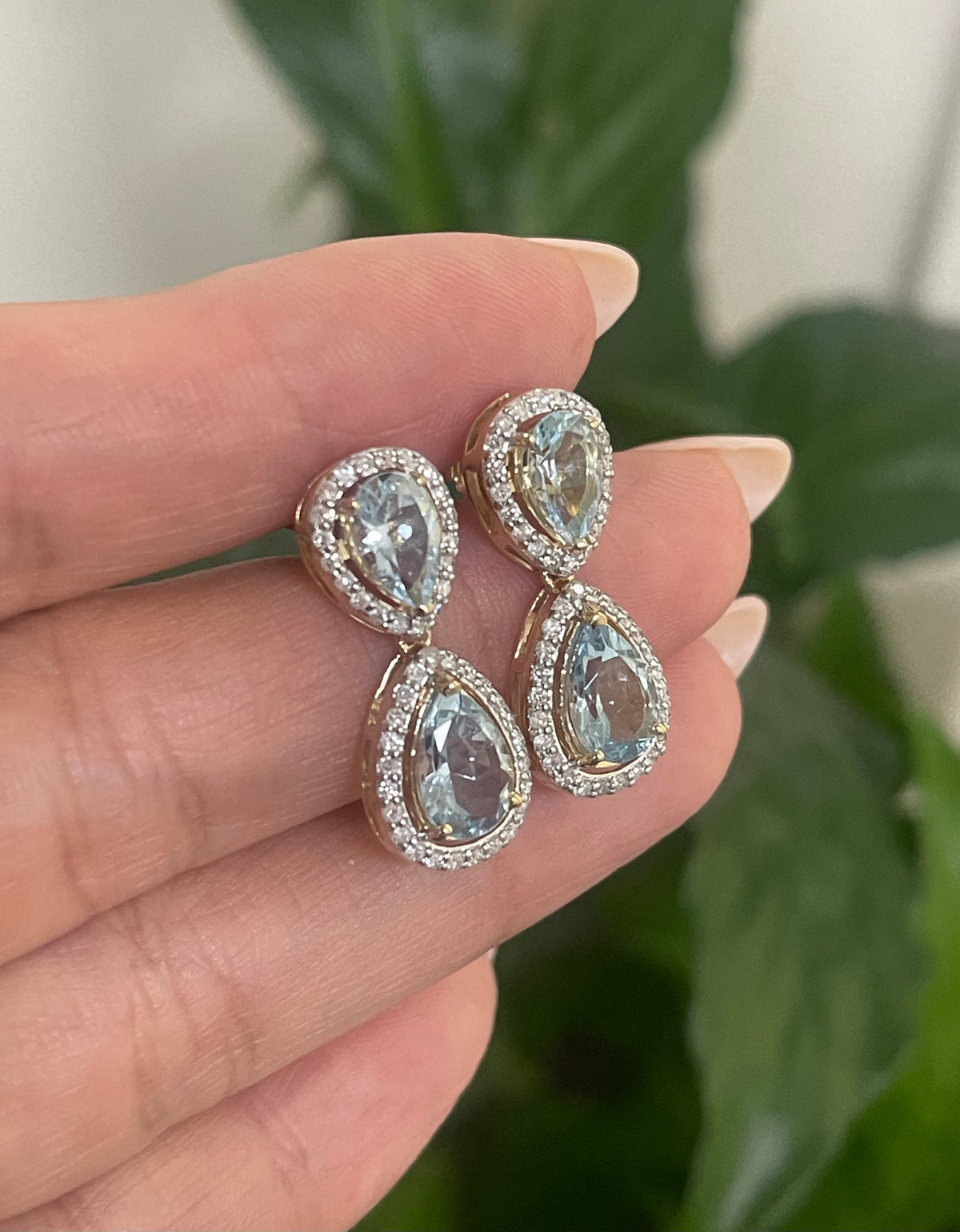 3.74ct Natural Aquamarine Diamond Halo Drop Earrings In 14ct Yellow Gold