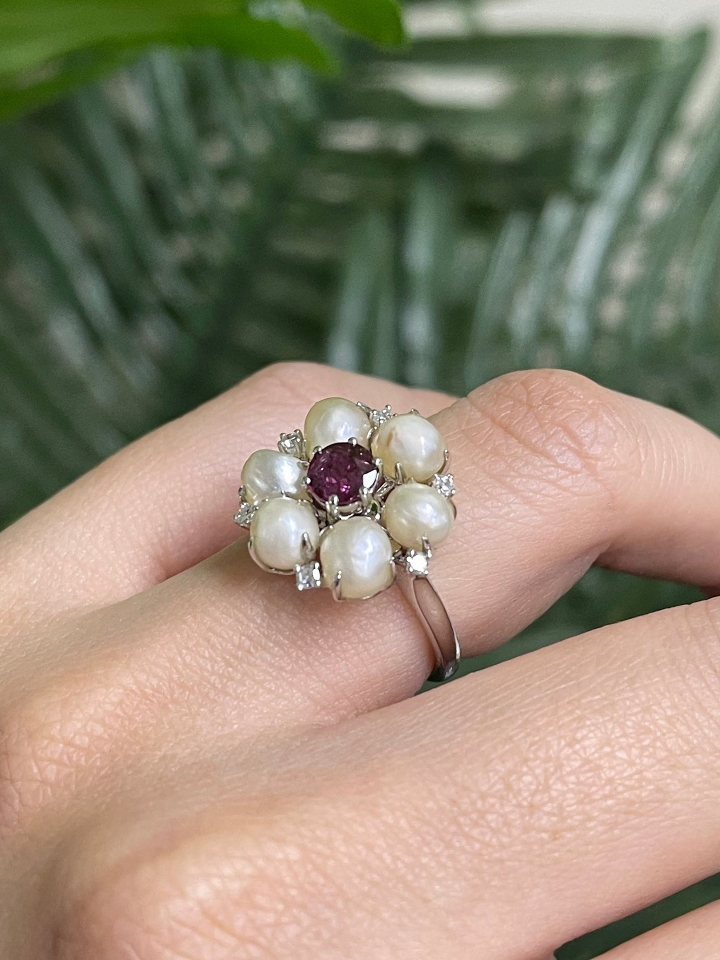 Natural Pearl Ruby Diamond Blossom Ring In 14ct White Gold