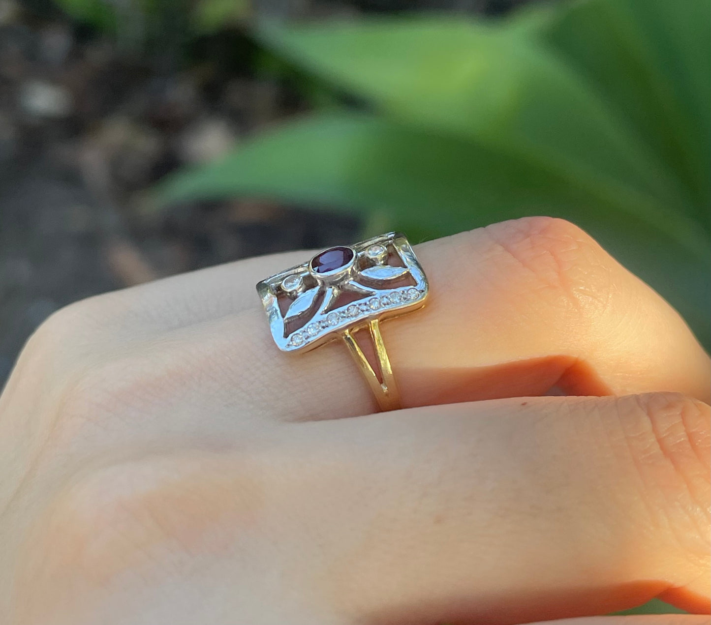 Vintage art deco style 18ct yellow white gold garnet diamond ring