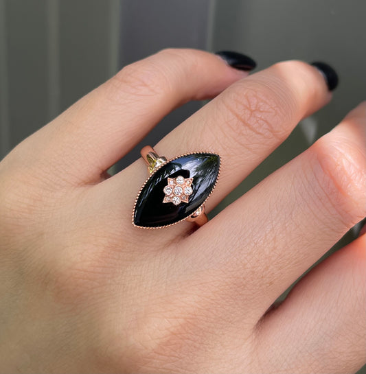 Navette Diamond Flower Pattern Onyx Ring In 9ct Rose Gold