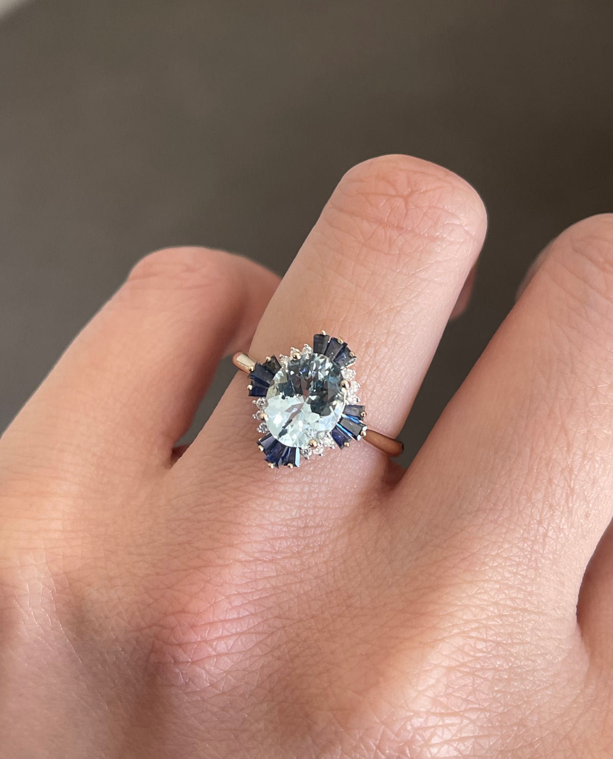 Vintage Style Natural Aquamarine Blue Sapphire Diamond Ring In 14ct Yellow Gold